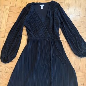 H&M Black Long-Sleeve Pleated Wrap-Style Dress